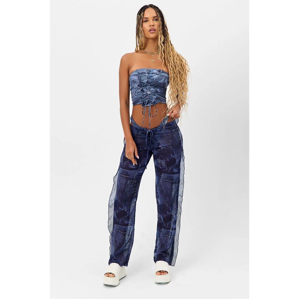 Frankie’s Bikinis Blue Jean Molly chiffon pants size small sheer NWT low rise